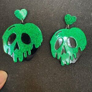 New Bold Acrylic Green and Black Glitter Goth Skull & Heart Statement Earrings